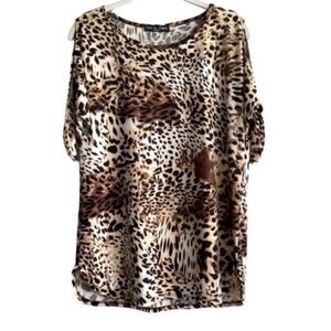 Kim & Cami Tie Sleeve Jersey Blouse Cold Shoulder Brown Cream Size M